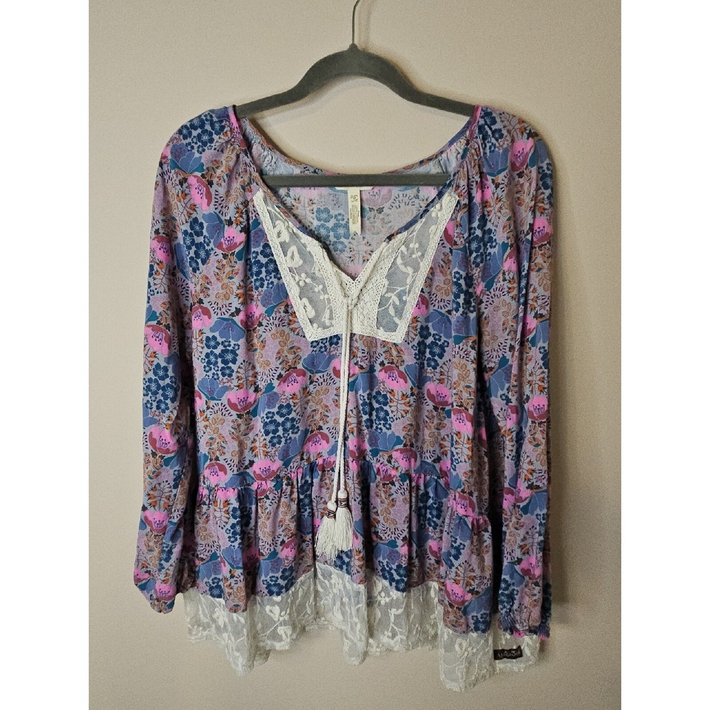 Matilda Jane Blouse Women Medium Pink Blue Floral Boho Lace Trim Tassels Crochet